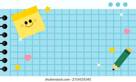 Ilustración vectorial de cuaderno de papel de gráfico azul con encuadernación en espiral con lindo amarillo sonriente nota pegajosa lápiz verde corazones rosados y estrellas adecuados para el fondo de la educación de regreso a la escuela