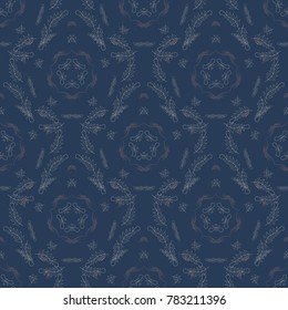 Vector illustration. Vector blue, gray and beige simple mandala optical illusion, psychedelic trippy abstract seamless pattern texture.