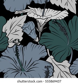 Vector illustration in blue and gray colors on a black background. Seamless tropical flower, hibiscus pattern.