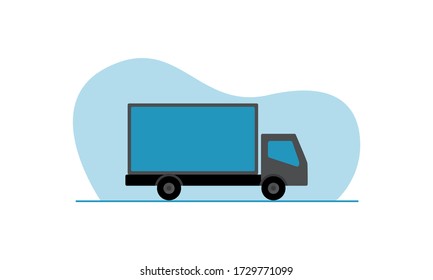 Vector illustration of blue and gray delivery truck with an abstract blob, isolated against a white background. Vehicle has copy space on side for text and logos. Great for advertising and promotions.