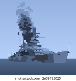 Vector illustration in blue and gray shades depicting a warship from the Second World War against the sea. For your military-style designs and For powerful and historically accurate military illustrat