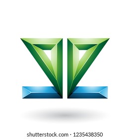 Vektorgrafik von Blau und Grün 3d, geometrischer, doppelseitiger Buchstabe E einzeln auf weißem Hintergrund