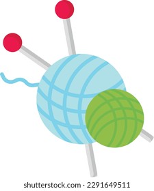 Vector illustration of blue and green ball of yarn, with knitting needles.
