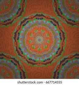 Vector illustration. Blue, green and beige damask paisley wallpaper. Seamless background, grunge style.