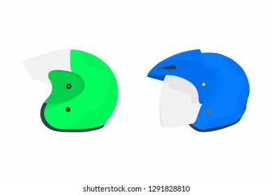 A vector illustration blue and green motorcycle helmet with strip on a white background