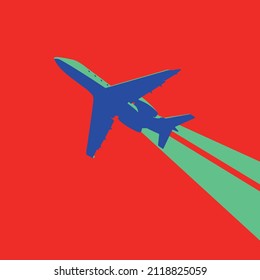 Vector illustration in blue, green and red with an image of an airplane. Idea for a poster, invitation, postcard