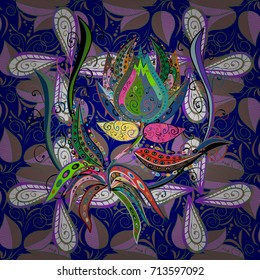 Vector illustration of blue, green, violet and pink flowers. Seamless pattern with flowers on motley background.