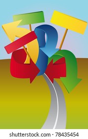 vector illustration with blue and green, yellow, red, orange arrow, sign on background and yellow horizon