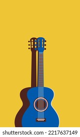 Vector illustration of a blue guitar on a yellow background. Minimalistic illustration in trendy colors. Musical concept.