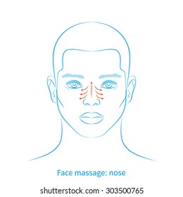 Vector illustration: blue hand drawn face massage scheme demonstrated on handsome european young man