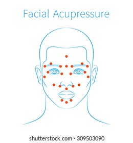 Vector illustration:   blue hand drawn scheme facial acupressure massage for all face parts demonstrated on handsome European man