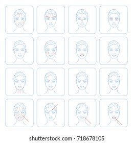 Vector illustration: blue hand drawn sketch set of 16 female european faces -  plastic surgery icons on white stickers with blue stroke isolated on white background.