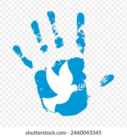 Vector illustration of blue hand print with flying bird on transparent background