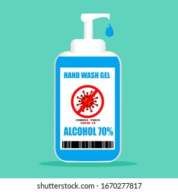 Vector illustration of a blue handwashing bottle with 70% alcohol for hand cleaning and killing germs, bacteria, viruses, CORONA, COVID-19 and on a blue background.