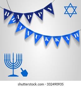 Vector illustration with blue Hanukkah candles, dreidel and star of David with text "Happy Hanukkah" on dark and light triangle festival flags