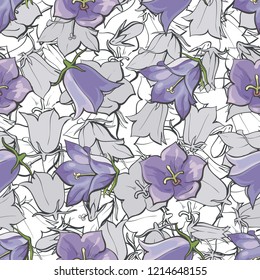 Vector illustration of blue harebells seamless pattern in sketch style - backdrop with blue wild flowers on white background. Beautiful floral texture with blooms of bellflowers.