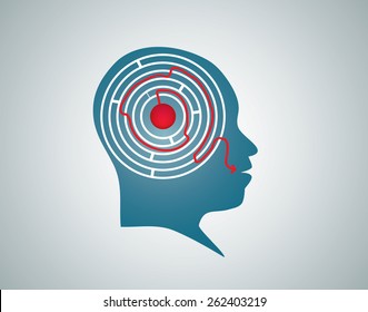 Vector illustration of blue head silhouette with white maze, labyrinth inside with red way, arrow line coming out of mouth. Think, find solution, solve problem and speak, say share concept, symbol.