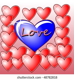 Vector illustration of blue heart and many red hearts on the background