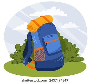 Vector illustration of a blue hiking backpack. The concept of travel, hiking tour, outdoor recreation, camping.
