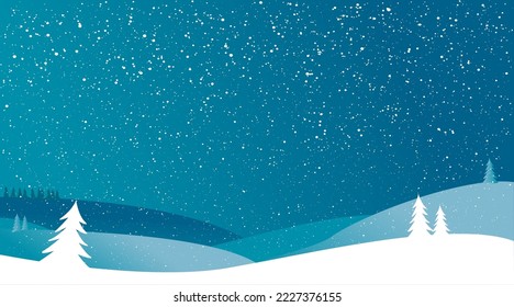 Vector illustration Blue hills winter snowy landscape. Winter snowfall on dark blue background. Cold winter Christmas and New Year background.