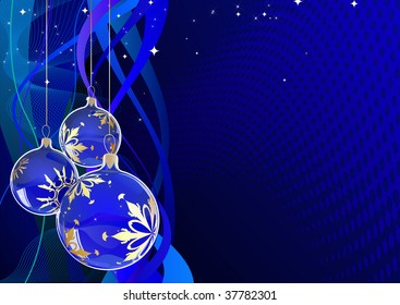 Vector illustration of blue Holiday card with christmas balls on the abstract lines background