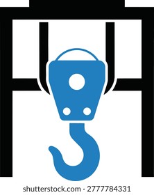 A vector illustration of a blue hook suspended from an overhead crane structure, designed for heavy lifting operations in industrial settings. The clean lines and bold contrast emphasize functionality and mechanical precision.
