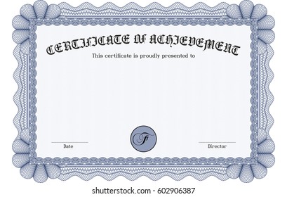 Ilustración vectorial de certificado horizontal azul, diploma o plantilla de cupón. Diseño muy complejo, con fondo y texto de ejemplo.

