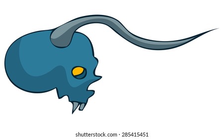 A Vector Illustration of a Blue Horned Skull with shining mystic Yellow Eyes isolated on a White Background.