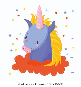 vector illustration. blue Horse. cute, funny pony in the clouds. Unicorn in the stars. Babe poster.