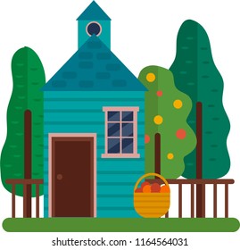 vector illustration of a blue house with a fence, trees and a basket of apples without a background