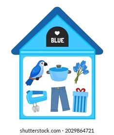 Ilustración vectorial de una casa azul. Aprendiendo colores para los niños. La imagen de los objetos en azul - un loro, una cacerola, flores, un mezclador, jeans, un regalo.

