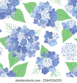 Vector illustration. Blue hydrangea 
flowers seamless repeat pattern on white background. Best for packaging, bedding and home decor.