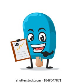 ilustración vectorial helado azul en mascota de palo o presentación de carácter con portapapeles