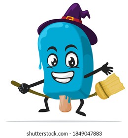 vector illustration blue ice cream on stick mascot or character wearing witch costume and ride flying broom