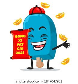 vector illustration blue ice cream on stick mascot or character holding red scroll and says happy chinese new year 2021