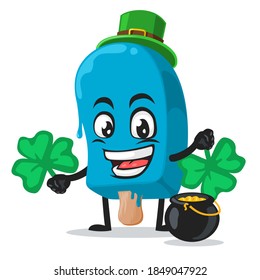 vector illustration blue ice cream on stick mascot or character wearing shamrock hat