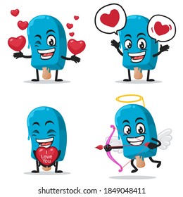 ilustración vectorial helado azul en la mascota de palos o colección de caracteres conjunto con amor o valentina o tema de amor