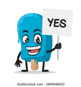 vector illustration blue ice cream on stick mascot or character holding sign says yes