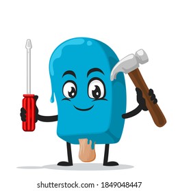 vector illustration blue ice cream on stick mascot or character holding hammer and screwdriver