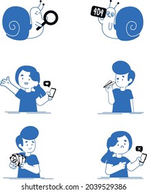 Icono vectorial del icono azul en estilo de línea plana. Linear gente linda, feliz y un caracol. error 404. buscar. red social. Mensaje. Dinero. pago. enviar un archivo de mensaje. como. Diseño plano.