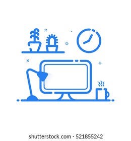 Vector illustration of blue icon in flat line style. Linear computer desk lamp, flowers. Graphic concept of work place design studio use in Web Project and Applications. Outline isolated object.