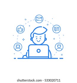 Vector Illustration Of Blue Icon In Flat Line Style. Linear Cute And Happy Man With Laptop. Graphic Design Concept Of Social Networking In Web Project And Applications Outline Isolated Object.