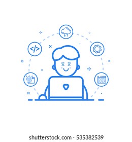 Vector illustration of blue icon in flat line style. Linear cute and happy man with laptop. Graphic design concept of software engineer use in Web Project and Applications Outline isolated object.