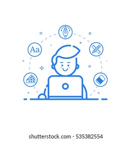 Vector illustration of blue icon in flat line style. Linear cute and happy man with laptop. Graphic design concept of graphic designer use in Web Project and Applications Outline isolated object.