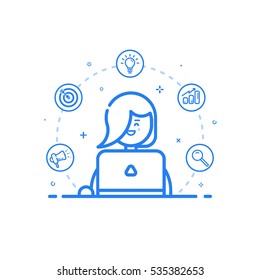 Vector illustration of blue icon in flat line style. Linear cute and happy girl with laptop. Graphic design concept of marketer woman use in Web Project and Applications Outline isolated object.