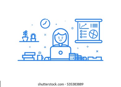 Vector illustration of blue icon in flat line style. Linear cute and happy girl. Graphic design concept of woman financial accountant use in Web Project and Applications Outline isolated object.