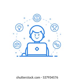 Vector illustration of blue icon in flat line style. Linear cute and happy man with laptop. Graphic design concept of art Director use in Web Project and Applications Outline isolated object.