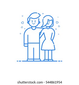 Vector illustration of blue icon in flat line style. Linear cute and happy girl and boy. Graphic design concept of lovely couple in Web Project and Applications Outline isolated object.