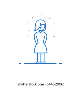 Vector illustration of blue icon in flat line style. Linear cute and happy girl. Graphic design concept of woman use in Web Project and Applications Outline isolated object.