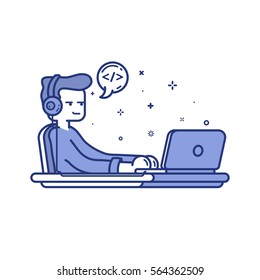 Vector Illustration Of Blue Icon In Flat Line Style. Linear Cute And Happy Man With Laptop. Graphic Design Concept Of Software Engineer Use In Web Project And Applications Outline Isolated Object.